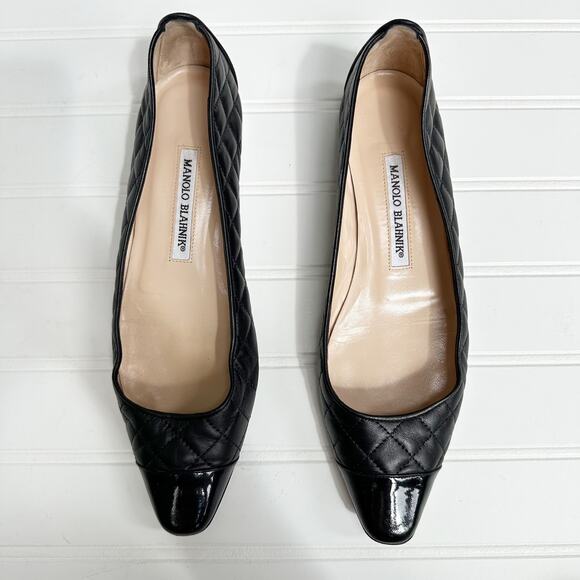 Manolo Blahnik Giungla Black Leather Quilted Flats Designer Shoes Size 37 - Picture 1 of 9